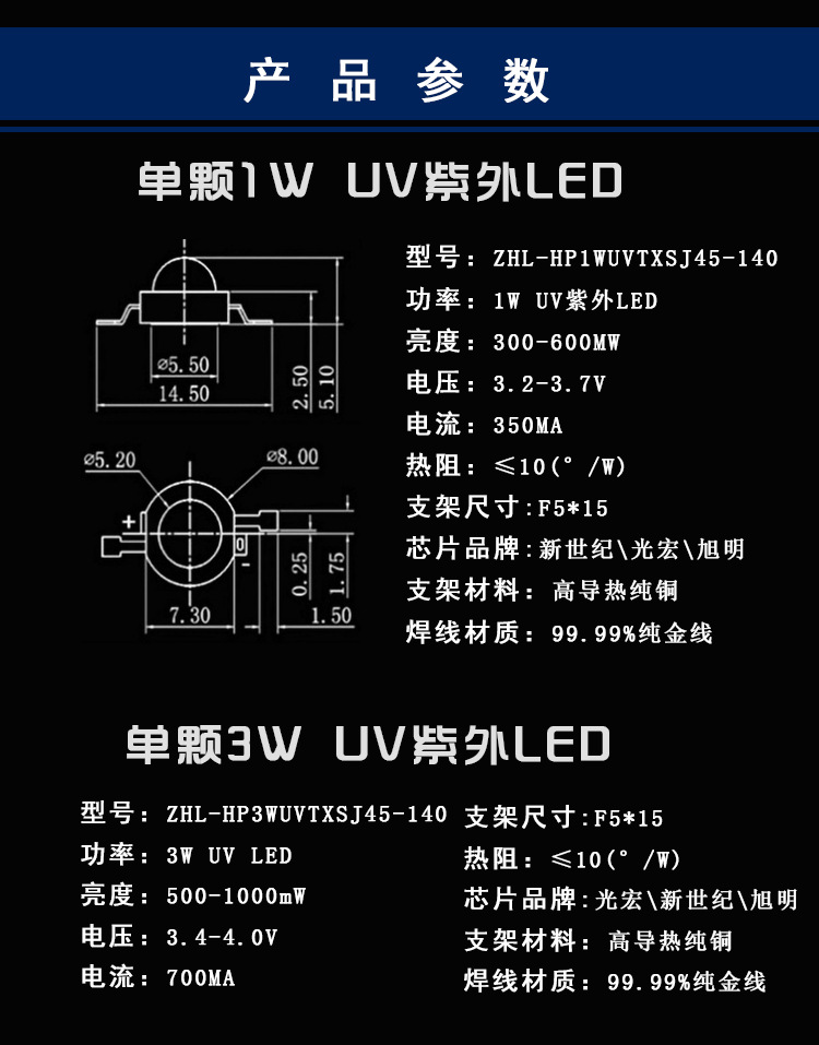 大功率灯珠_厂家直销uvled固化灯珠各波长功率紫外线led