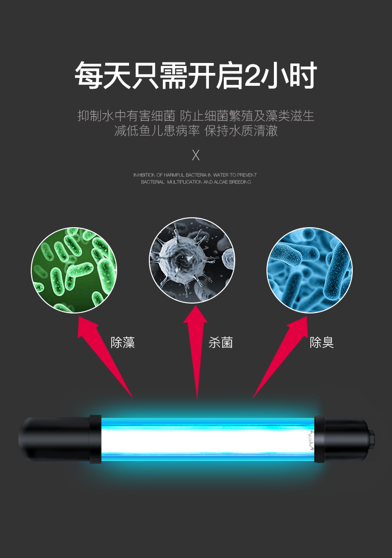 欧规美规110/220V鱼缸潜水紫外线杀菌器鱼缸水族箱除藻uv杀菌灯