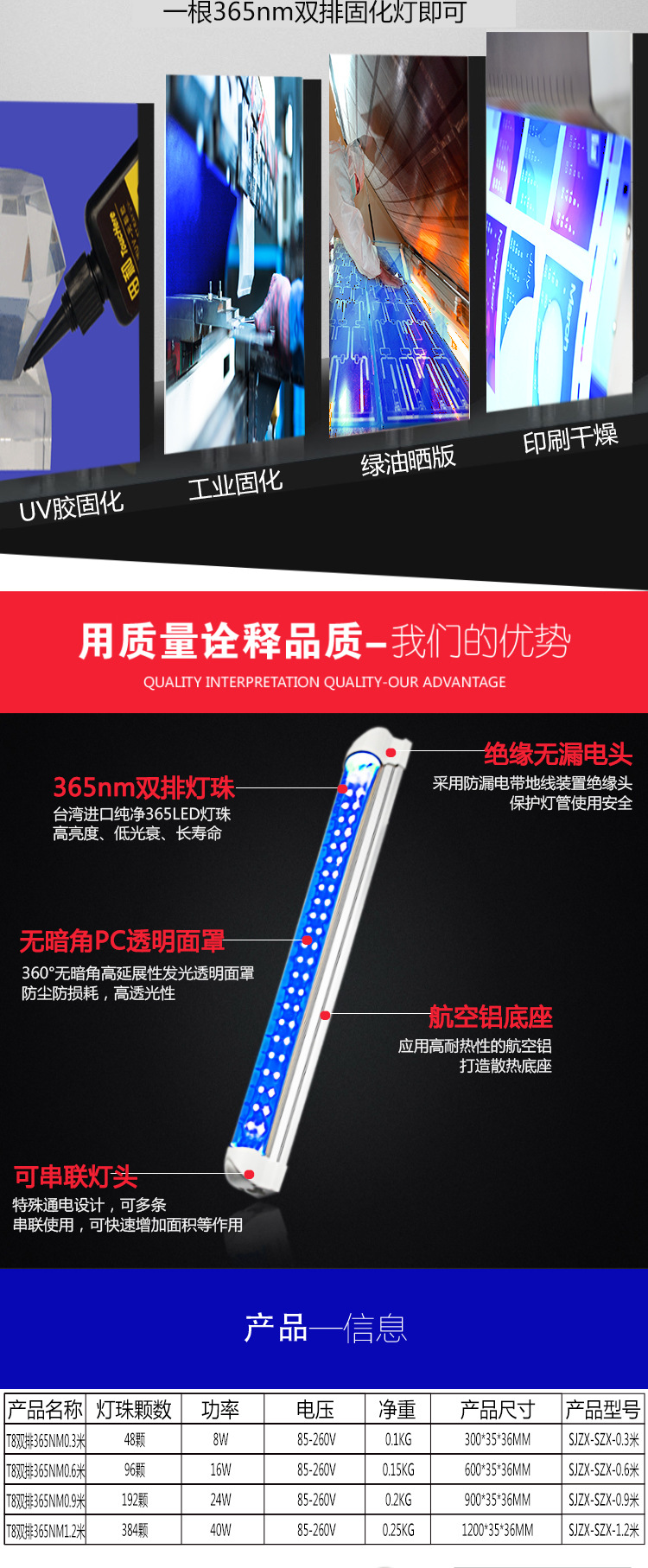 T8双排uv固化灯管LED多倍效率印刷晒版油墨uv胶水固化灯365nm波段