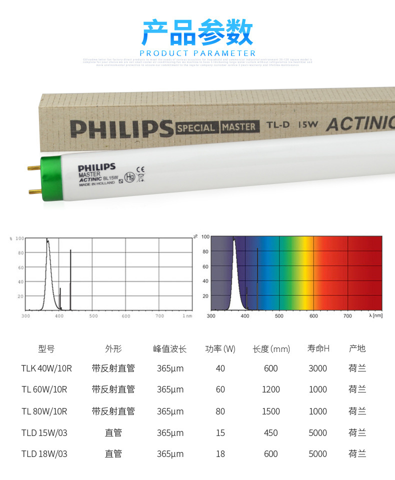 飞利浦TL100W/10R树脂版制版机灯管UVA固化无影胶水灯管
