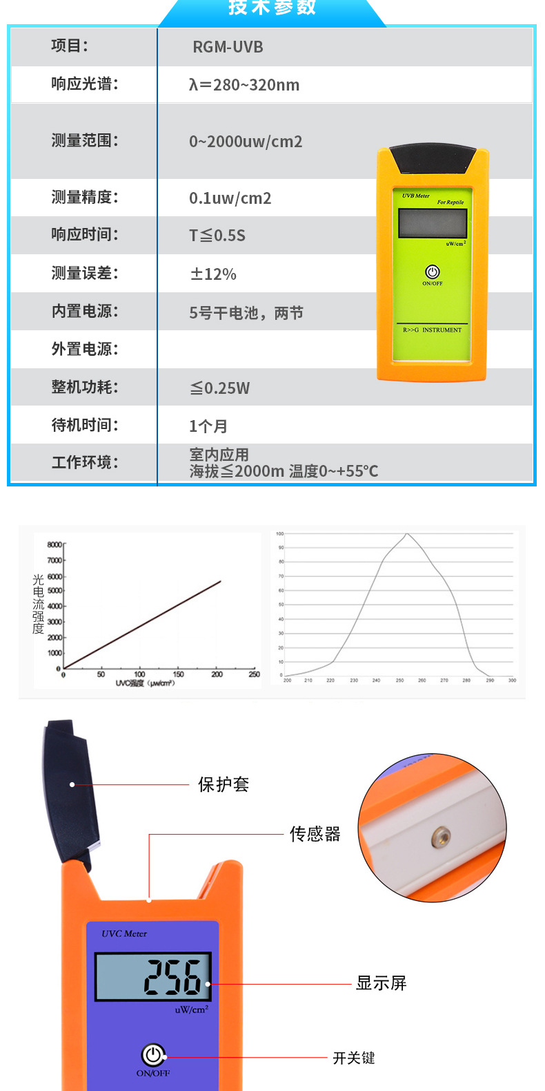 厂家直供RGM-UVB辐照计UVB检测仪爬虫爬宠用UVB测试仪