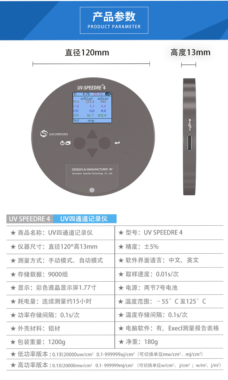 UV能量计焦耳计SPEEDRE4四通道辐照记录仪光固化紫外线光强检测仪