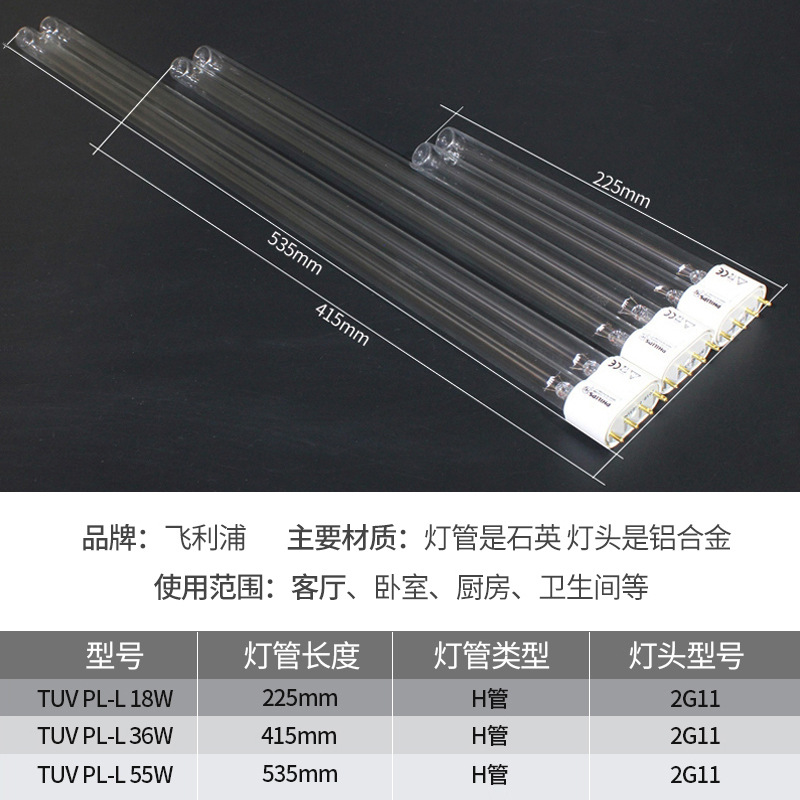 飞利浦紫外线消毒灯管杀菌灯36/55W石英臭氧uv紫光灯家用除螨灭菌