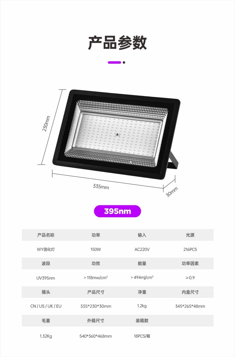 厂家直销150W LED紫外线UV固化灯365/395nm UV胶油墨丝印固化设备